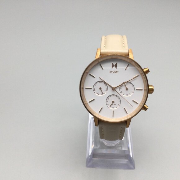 MVMT Nova Luna Watch Women Gold Tone Beige Leather Band Chronograph New Battery - Picture 2 of 15